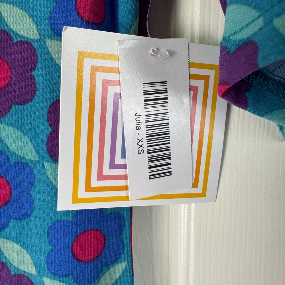LuLaRoe Julia Blue and Pink Flowered Dress with Mid Length Sleeves - Picture 5 of 9